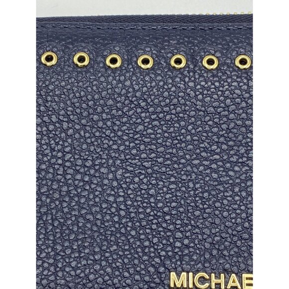 Michael Kors Navy Leather Wristlet Wallet With Gold Stud Detailing & Zipper Clos - Picture 4 of 13